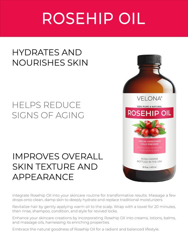 velona Rosehip Oil - 16 Fl Oz in Glass Bottle | 100% Pure and Natural Carrier Oil| Unrefined, Cold Pressed | Moisturizing Face, Hair, Skin, Scars, Stretch Marks