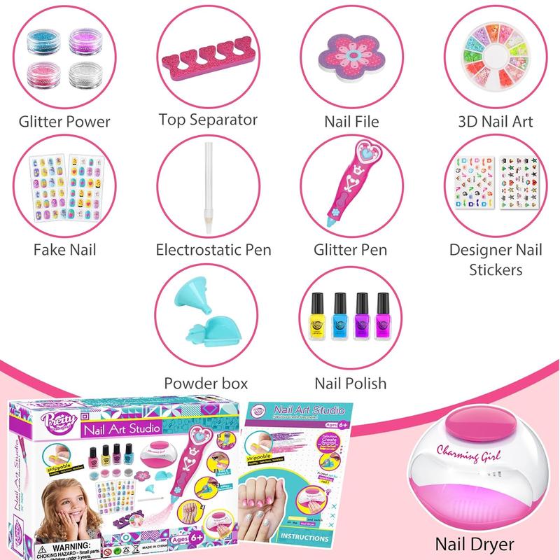 Kids Nail Polish Set for Girls, Nail Art Kits with Nail Dryer & Glitter Pen, Quick Dry & Peel Off & Non-Toxic Nail Polish Birthday Gifts for Girls Ages 6 7 8 9 10 11 12