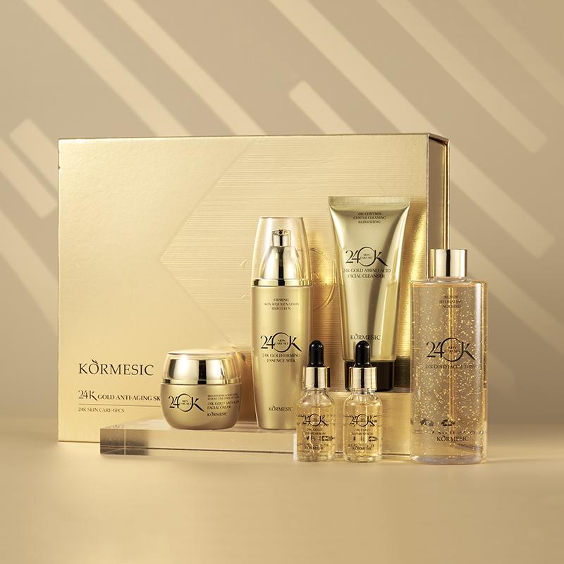 24K Gold Skin Care Set 6-Piece Collection 24K Skincare Set with Facial Cleanser, Face Serum 2pcs, Eye Cream, Essence Milk, Toner, Anti-Aging Skin Care Kit For Women