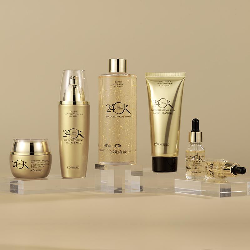 24K Gold Skin Care Set 6-Piece Collection 24K Skincare Set with Facial Cleanser, Face Serum 2pcs, Eye Cream, Essence Milk, Toner, Anti-Aging Skin Care Kit For Women