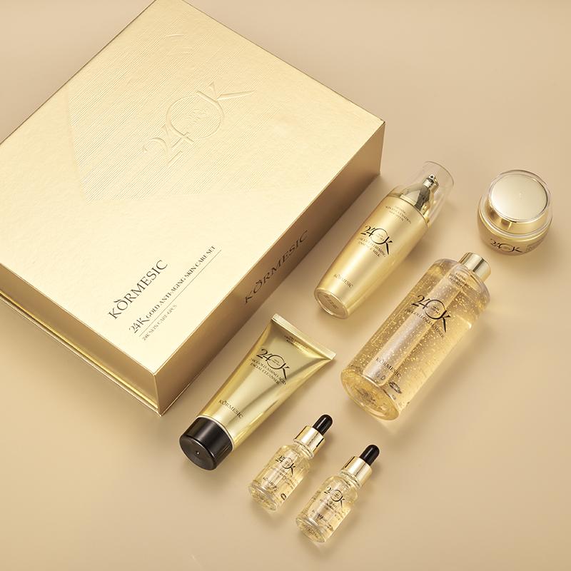 24K Gold Skin Care Set 6-Piece Collection 24K Skincare Set with Facial Cleanser, Face Serum 2pcs, Eye Cream, Essence Milk, Toner, Anti-Aging Skin Care Kit For Women