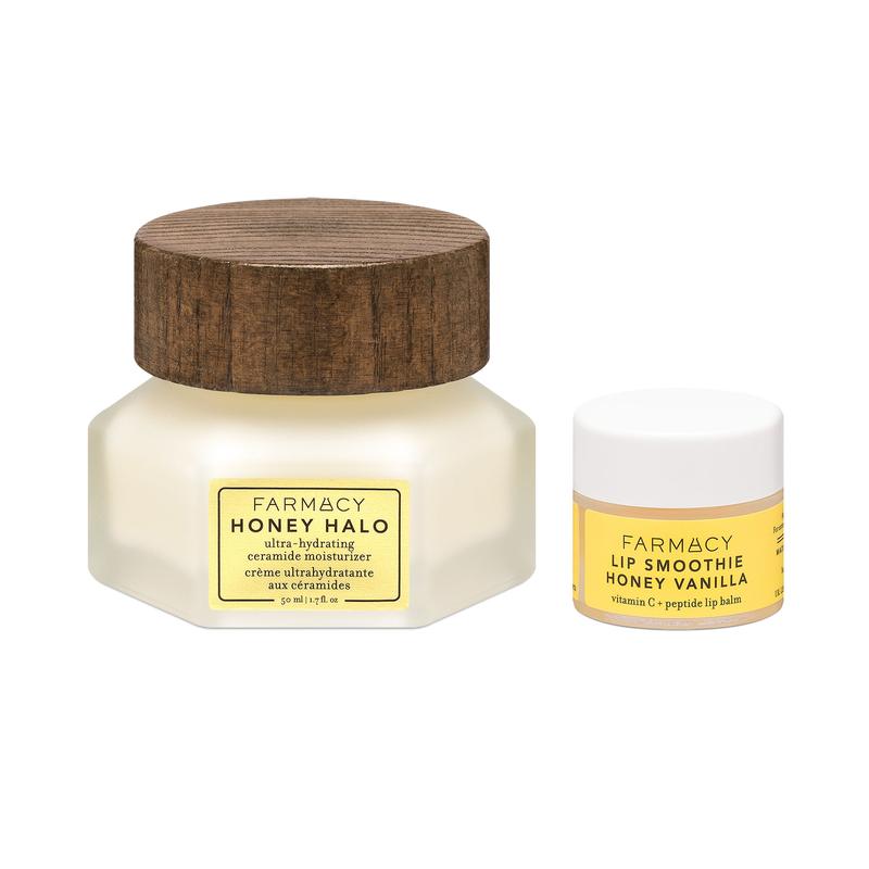 Farmacy Honey Glow Up Gift Set - Includes Honey Halo Ceramide Face Moisturizer + Travel Size Honey Vanilla Lip Smoothie - Preps & Plumps Skin for Makeup Application (2 Count)