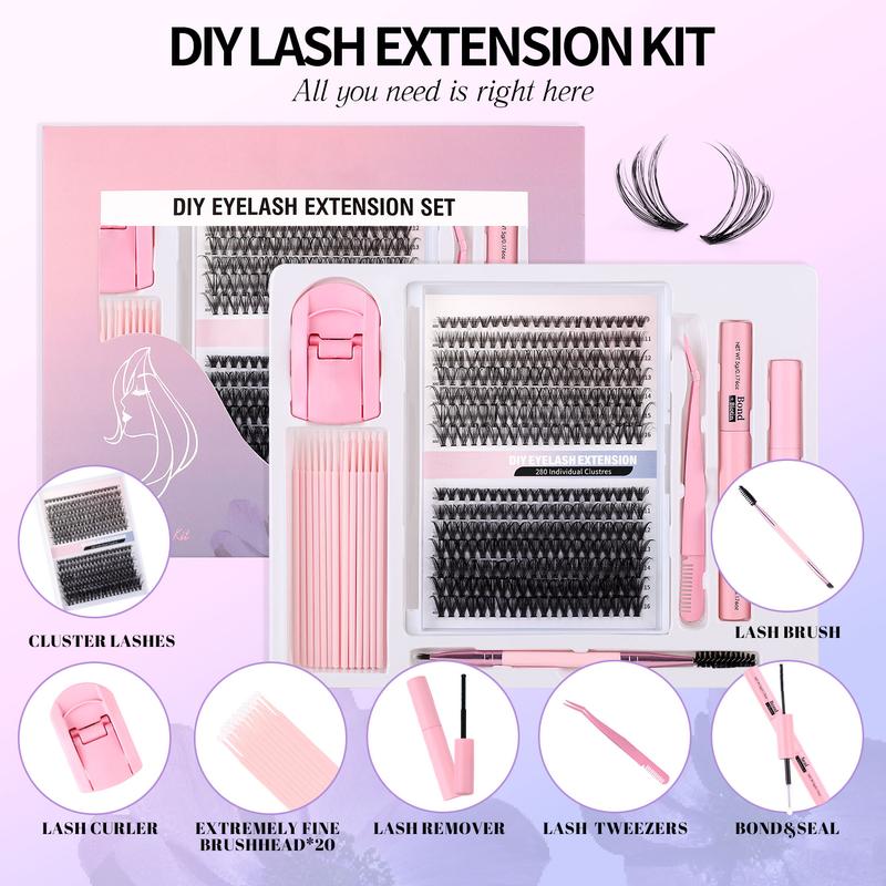 DIY Eyelash Extension Kit 280 Pieces Eyelash Cluster Kit Single Eyelash Natural 9-16mm Adhesive Seal Tweezers Eyelash Glue Remover False Eyelashes for Beginners Eyelash Extension at Home