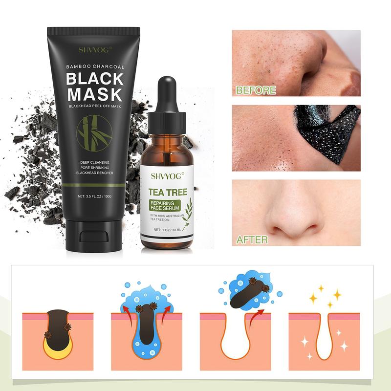 SHVYOG Blackhead Peel Off Face Mask, 3-in-1 Blackhead Peeling Mask with Brush & Tea Tree Oil Serum, Charcoal Mask for Deep Cleansing Dirts, Pores, Skin Oil (100g+30ml) Skincare Daily Kit Gift