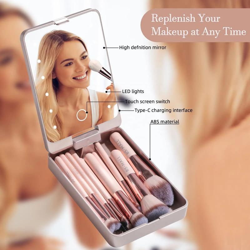 BS-MALL 14PCS Travel Makeup Brush Set LED Light Mirror Private Label Portable LED Mirror Cosmetic Makeup Brushes Set