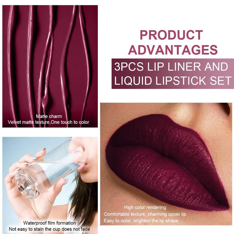 Evpct 3Pcs Dark Red Purple Plum Lip Stain Paint Matte Lip Liner and Lipstick Set Long Lasting Smudge Proof lipstick Matte Matte Long Lasting 24 Hours Waterproof Matte Original 24 Hours