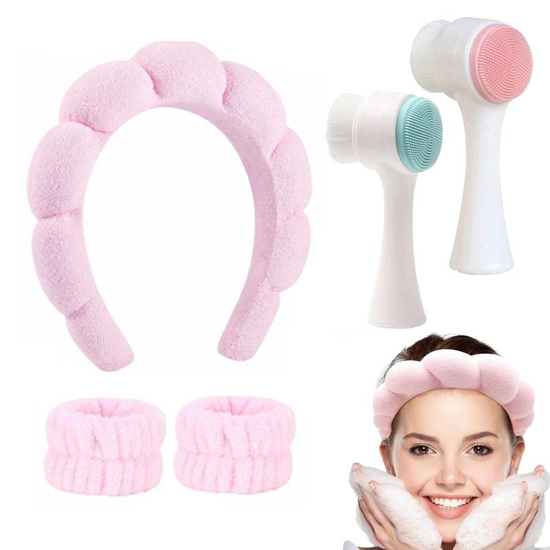 Skincare Tools Kit, 1 Count Hair Band & 2 Counts Wristband & 2 Counts Silicone Double-sided Facial Cleansing Brush, Pore ​​Cleanser