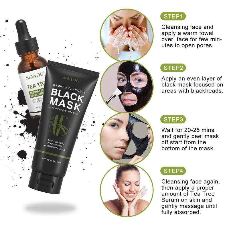 SHVYOG Blackhead Peel Off Face Mask, 3-in-1 Blackhead Peeling Mask with Brush & Tea Tree Oil Serum, Charcoal Mask for Deep Cleansing Dirts, Pores, Skin Oil (100g+30ml) Skincare Daily Kit Gift