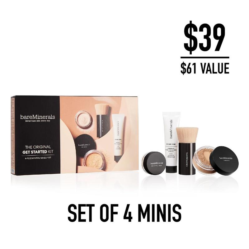 bareMinerals Original Get Started Kit, 4 Piece Mini Mineral Makeup Includes Original Loose Foundation, Face Primer, Setting Powder, Brush, Travel Sizes, Must-Have Kit, Vegan Cosmetic