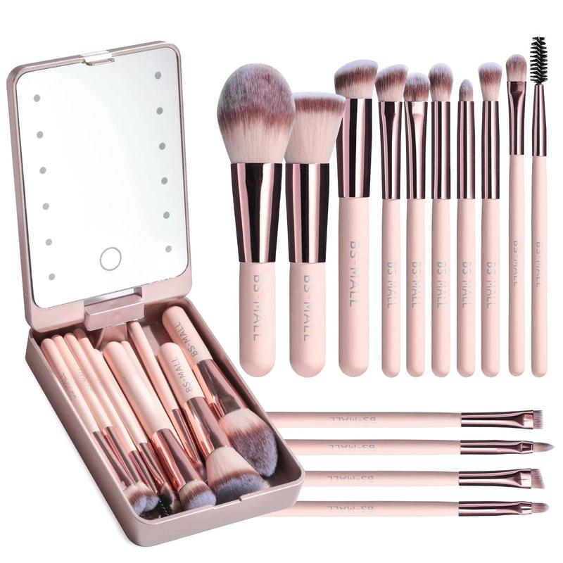 BS-MALL 14PCS Travel Makeup Brush Set LED Light Mirror Private Label Portable LED Mirror Cosmetic Makeup Brushes Set