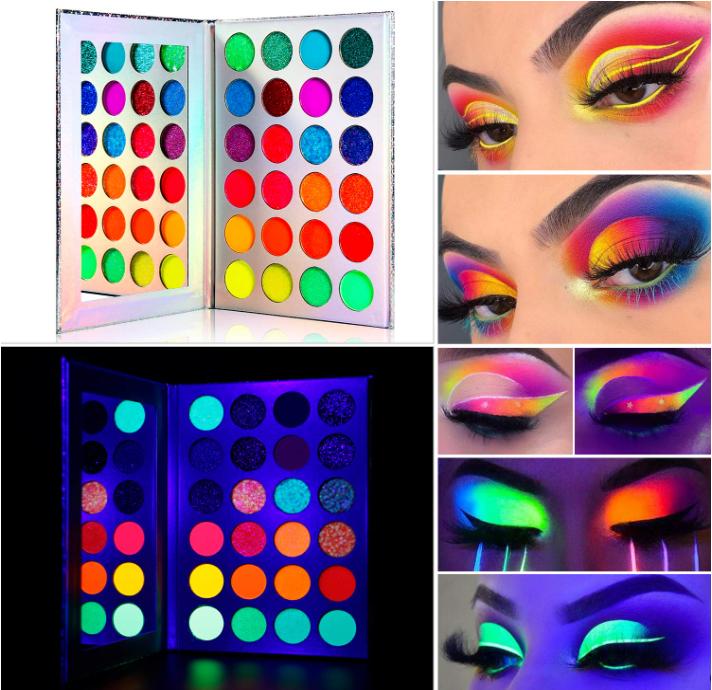 DE'LANCI Neon Eyeshadow Palette Glow in the Dark, Aurora Glow Eyeshadow Pallets Stage, Halloween Christmas Makeup Kit UV Blacklight Matte and Glitter Fluorescent Eye Shadows Highly Pigment