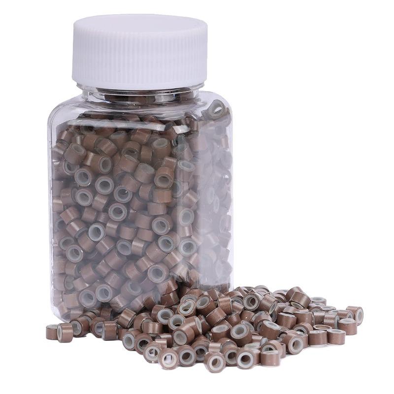 1000counts MicroLink Beads for Hair Extensions, 5mm Silicone Lined Beads Microlink Rings Hair Extensions Tool-Brown