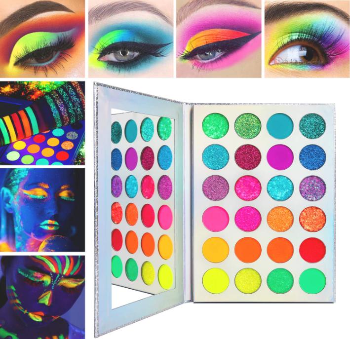 DE'LANCI Neon Eyeshadow Palette Glow in the Dark, Aurora Glow Eyeshadow Pallets Stage, Halloween Christmas Makeup Kit UV Blacklight Matte and Glitter Fluorescent Eye Shadows Highly Pigment