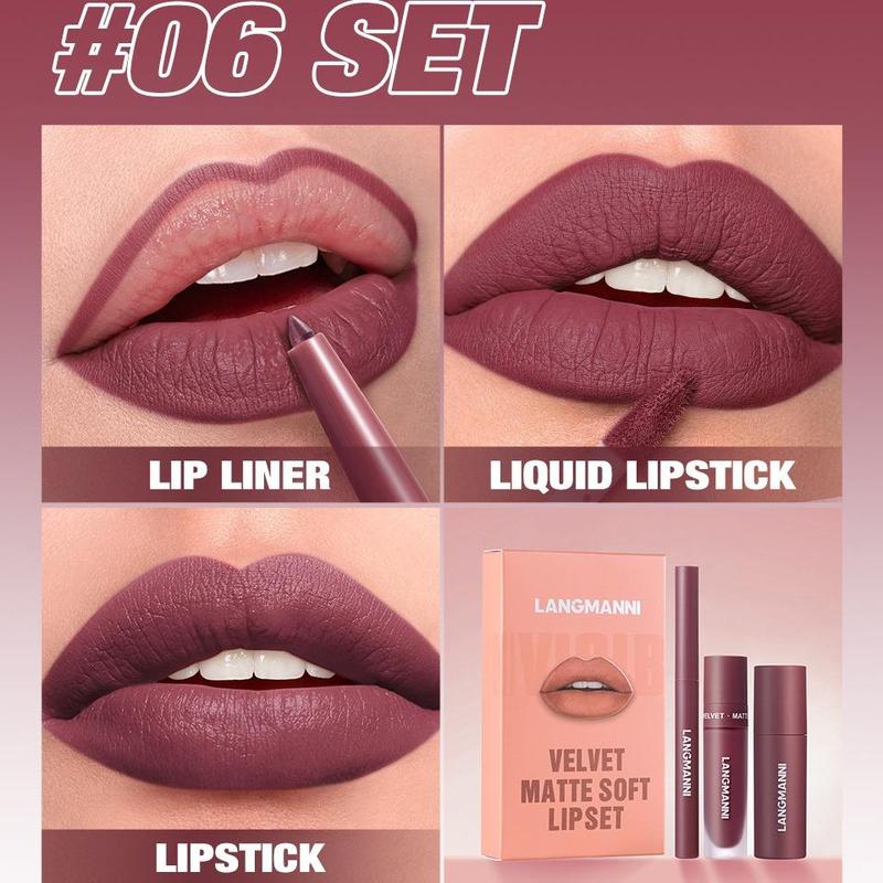 Long Lasting Lipstick Set, Lip Liner & Liquid Lipstick & Lipstick, Moisturizing Lip Makeup, Suitable for All Occasions Lip Makeup