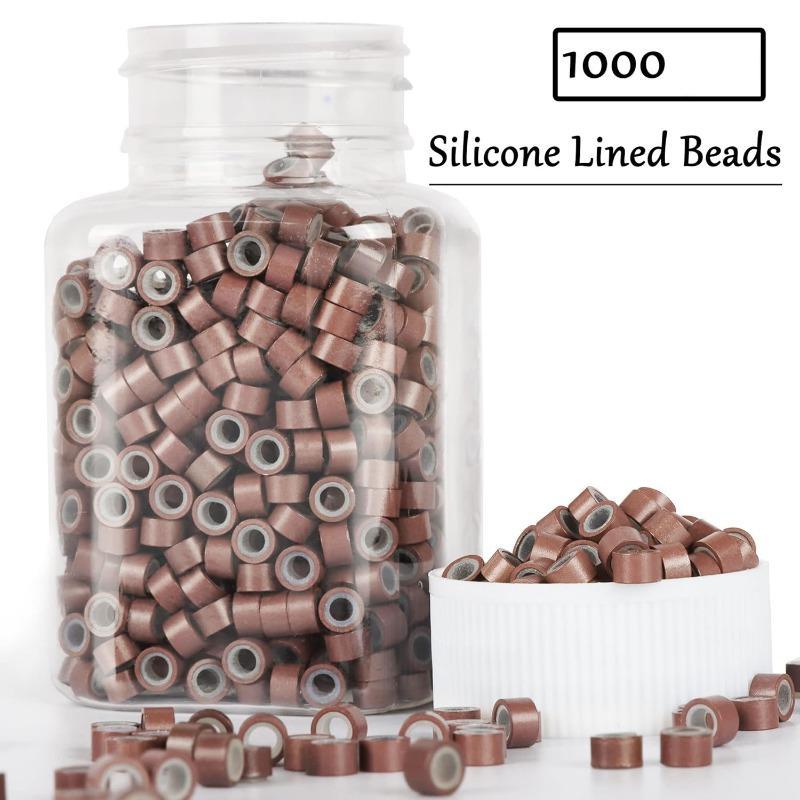 1000counts MicroLink Beads for Hair Extensions, 5mm Silicone Lined Beads Microlink Rings Hair Extensions Tool-Brown