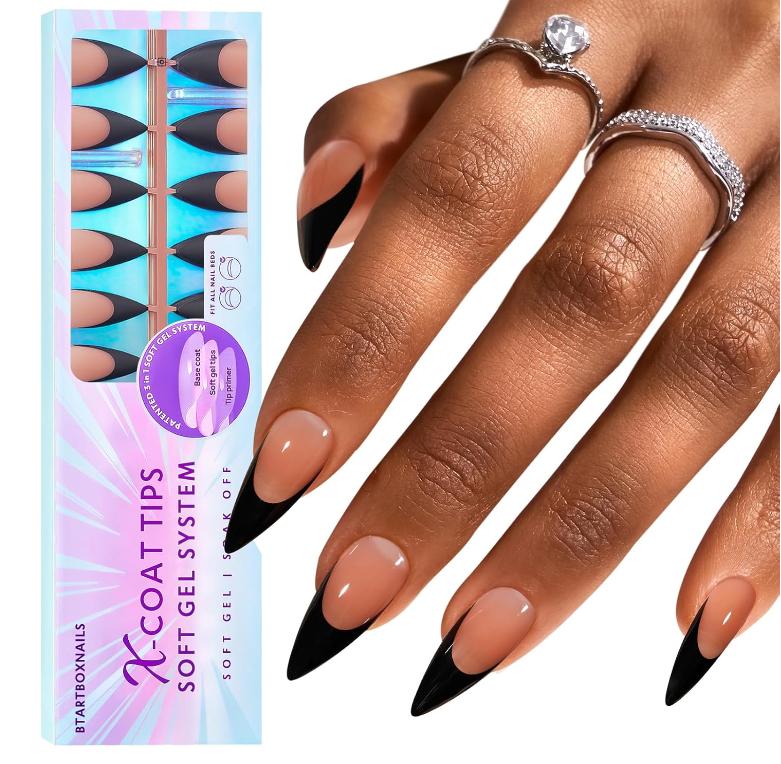 btartboxnails XCOATTIPS French Gel Nails - Soft Gel Black French Tip Press on Nails, Stiletto Nail Tips False Nails, Press on Nails Long, Soak Off Acrylic Nails Glue on Nail Extension