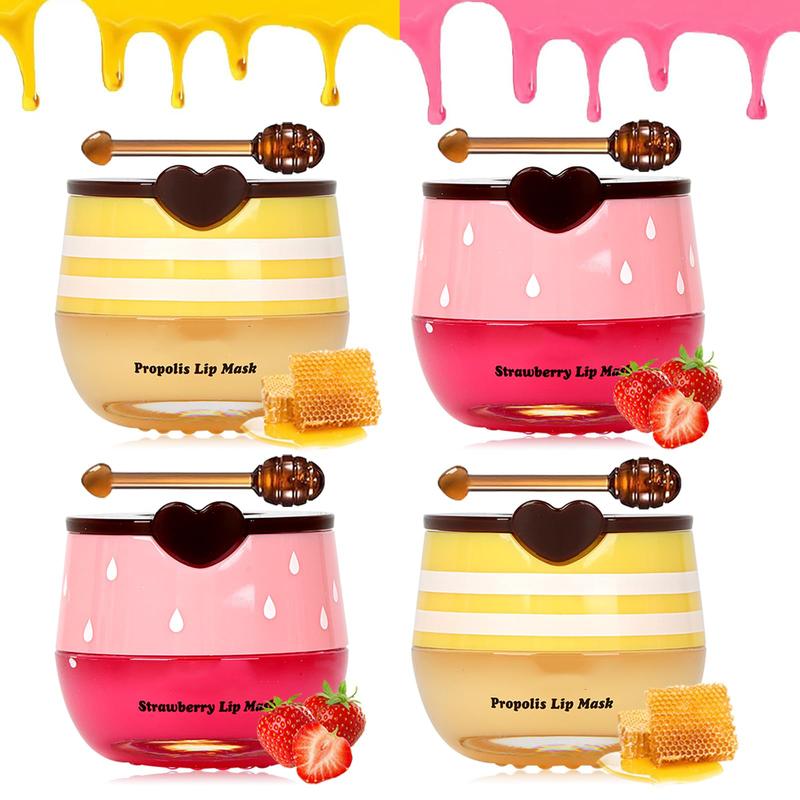 Bee Lip Balm Honey Pot Set – 4 PCS Strawberry & Honey Lip Masks for Deep Hydration and Exfoliation, Nourishing Lip Scrubs, Overnight Lip Sleep Mask to Reduce Fine Lines and Prevent Dry, Cracked Lips