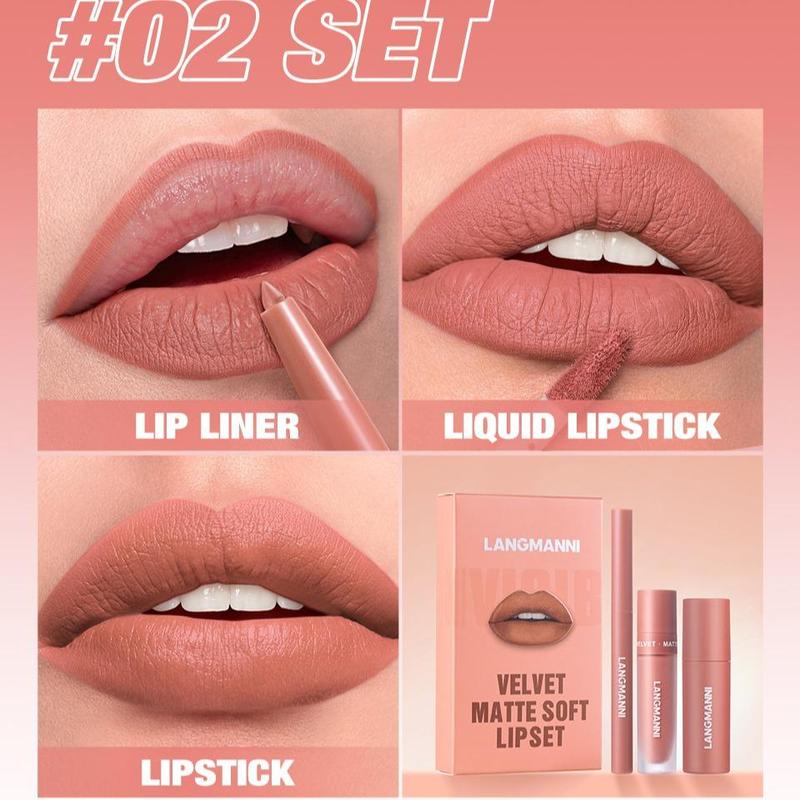 Long Lasting Lipstick Set, Lip Liner & Liquid Lipstick & Lipstick, Moisturizing Lip Makeup, Suitable for All Occasions Lip Makeup