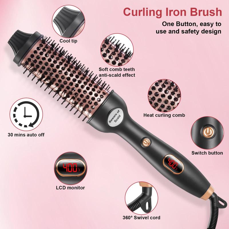 Thermal Brush, 1 Box Heated Round Brush with Accessories, Curling Iron Ceramic Tourmaline Ionic Quick Heating Brush with Digital Display Temperature