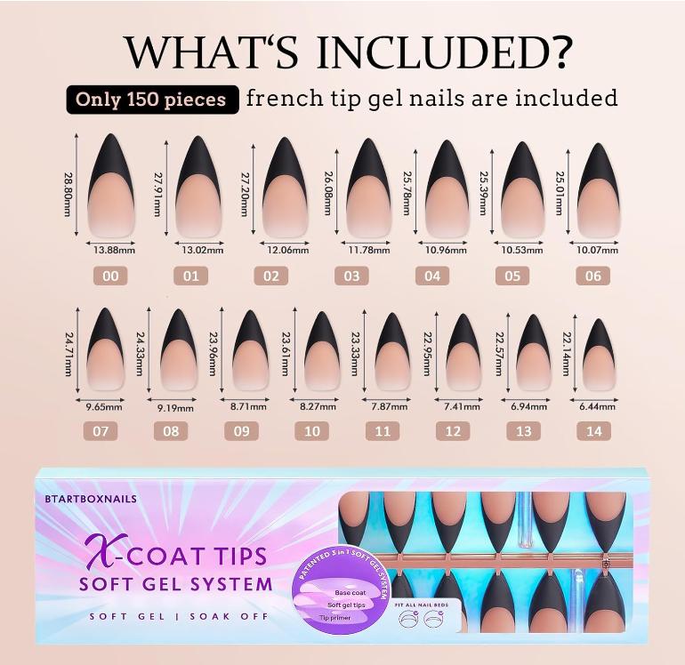 btartboxnails XCOATTIPS French Gel Nails - Soft Gel Black French Tip Press on Nails, Stiletto Nail Tips False Nails, Press on Nails Long, Soak Off Acrylic Nails Glue on Nail Extension