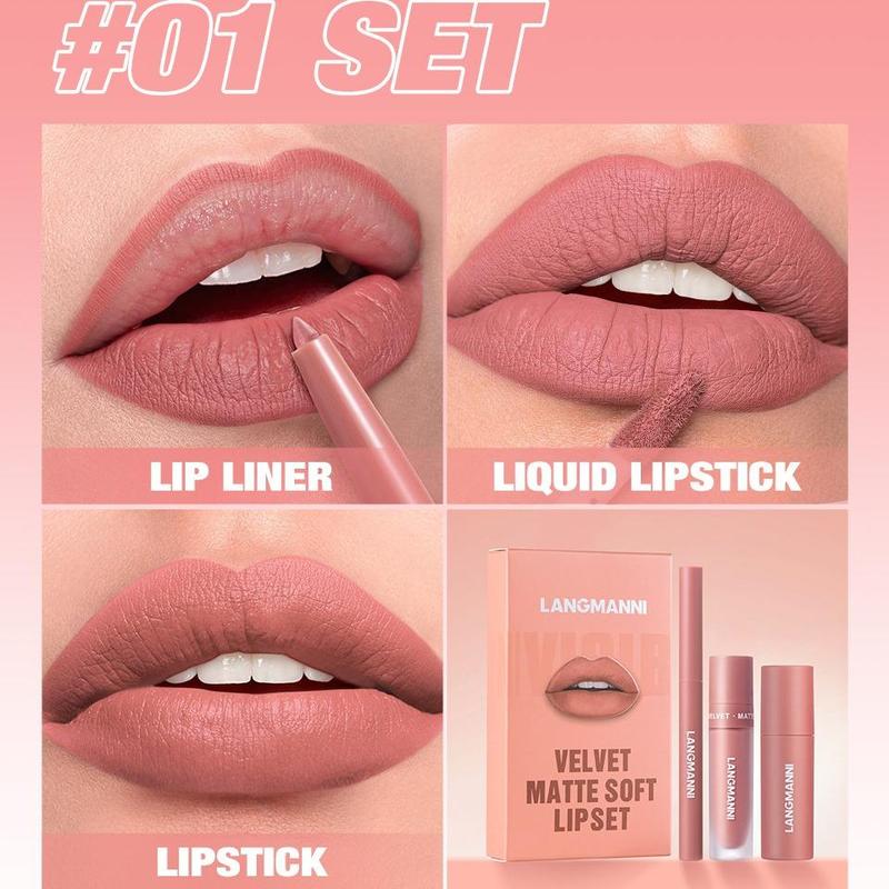 Long Lasting Lipstick Set, Lip Liner & Liquid Lipstick & Lipstick, Moisturizing Lip Makeup, Suitable for All Occasions Lip Makeup