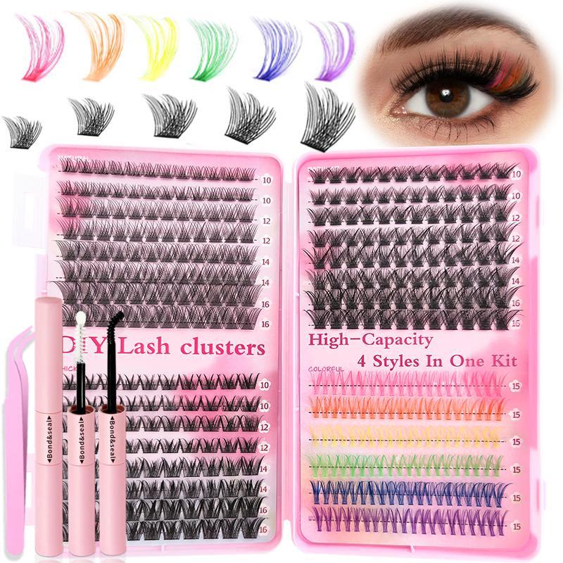 Mixed Length Individual False Eyelashes with Eyelash Extension Glue & Tweezer Tool, 1 Set Multicolor DIY Lash Extensions, Natural Lash Clusters, Fall Gift, Mini Makeup, Christmas Gift