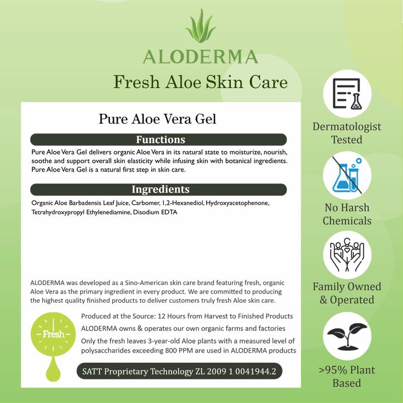 ALODERMA Pure Aloe Vera Gel Made with Organic Aloe within 12 Hours of Harvest, Natural, Lightweight & Non-Sticky for Face, Body, Hair, & Scalp, 10.6oz