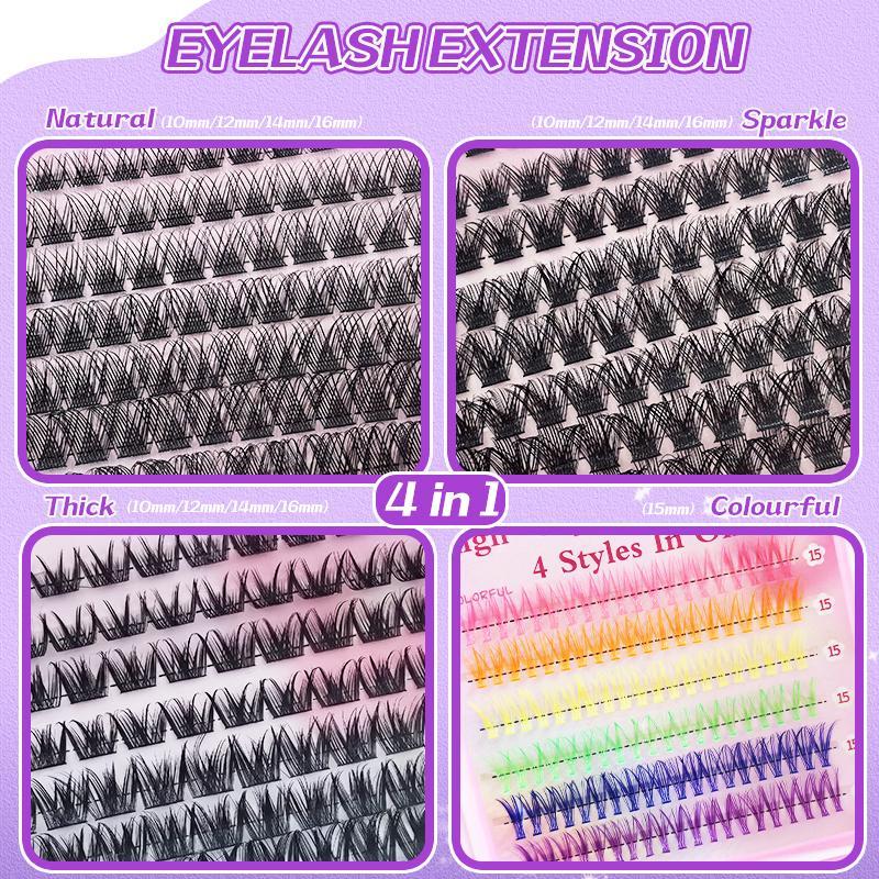 Mixed Length Individual False Eyelashes with Eyelash Extension Glue & Tweezer Tool, 1 Set Multicolor DIY Lash Extensions, Natural Lash Clusters, Fall Gift, Mini Makeup, Christmas Gift