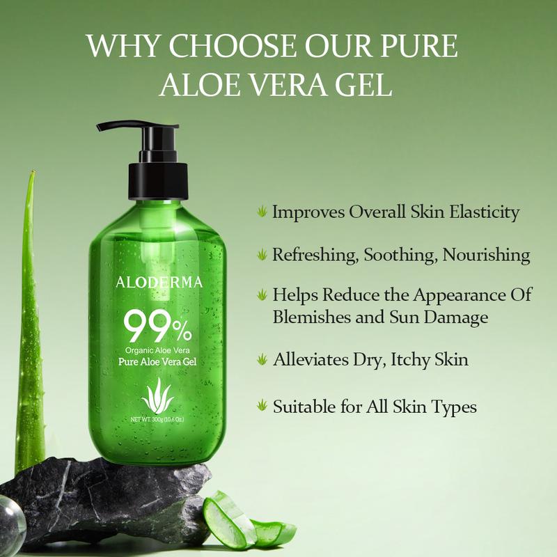 ALODERMA Pure Aloe Vera Gel Made with Organic Aloe within 12 Hours of Harvest, Natural, Lightweight & Non-Sticky for Face, Body, Hair, & Scalp, 10.6oz