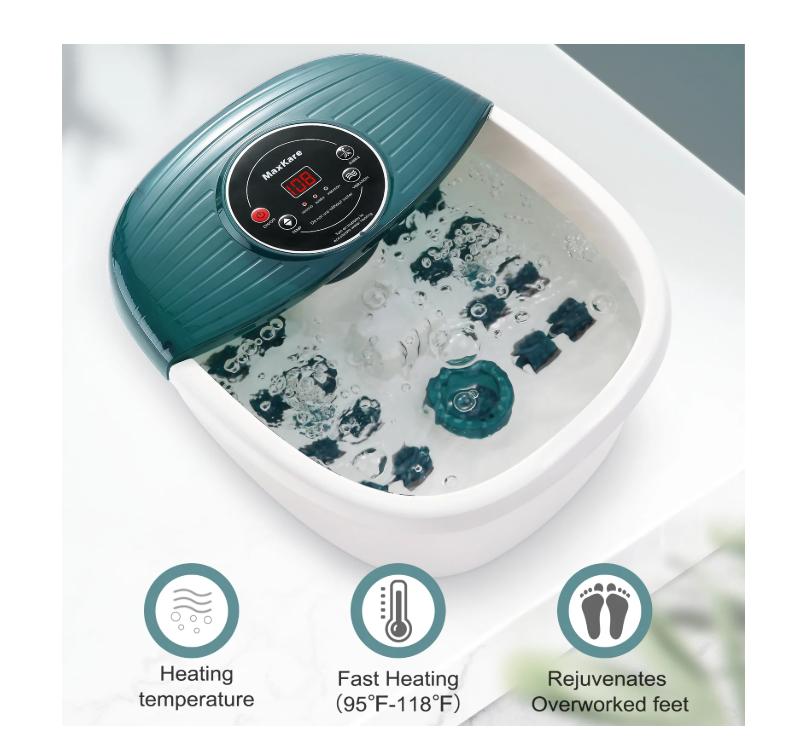 MaxKare Foot Spa Bath Massager with Heat, Bubbles, and Vibration, Digital Temperature Control, 16 Detachable Massage Rollers, Soothe and Comfort Feet