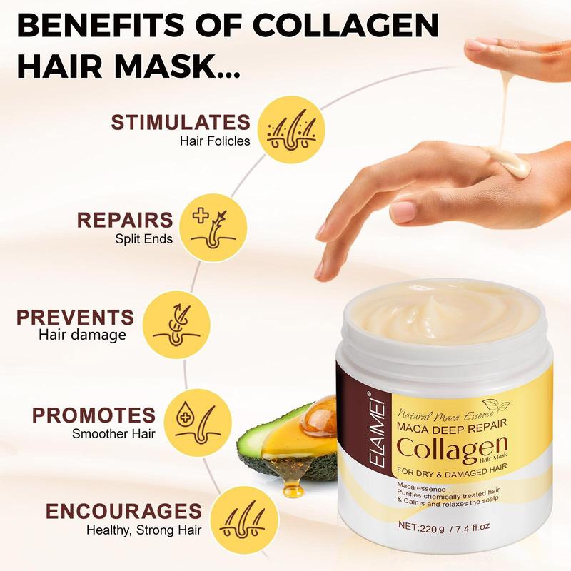 ELAIMEI Maca Collagen Hair Mask, 220g Deeply Moisturizing & Shine-enhancing Natural Maca-scented Botanical Extract Hair Mask for Dry and Devitalized Hair