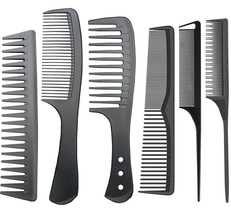 Professional Comb Set Black 6 count - Carbon Fiber Anti Static And Heat Resistant Comb-Fine and Wide  Comb for Men and Women - Parting Teasing and Hair Styling