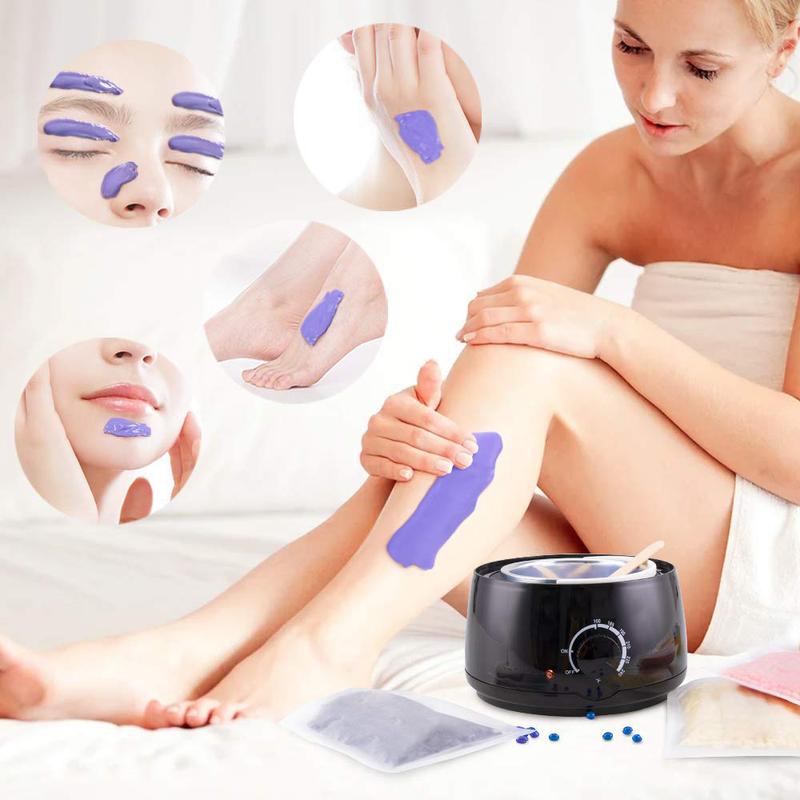 Gorgeous Brazilian Waxing Kit! It features a painless wax warmer along with 5 hard wax bean bags. This is a complete removal solution for both women and men, ideal for areas like legs, face, eyebrows, and bikini area.