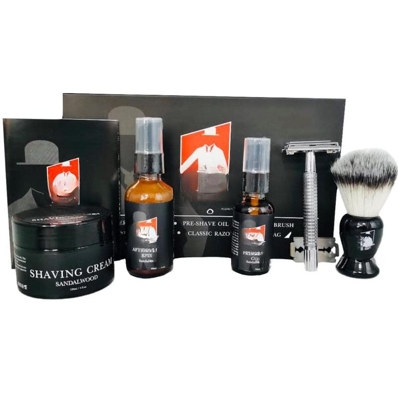 Shaving Kit for Men with Safety Razor, Sandalwood Shaving Cream, Men's aftershave, Pre-Shave Oil, Shaving Brush