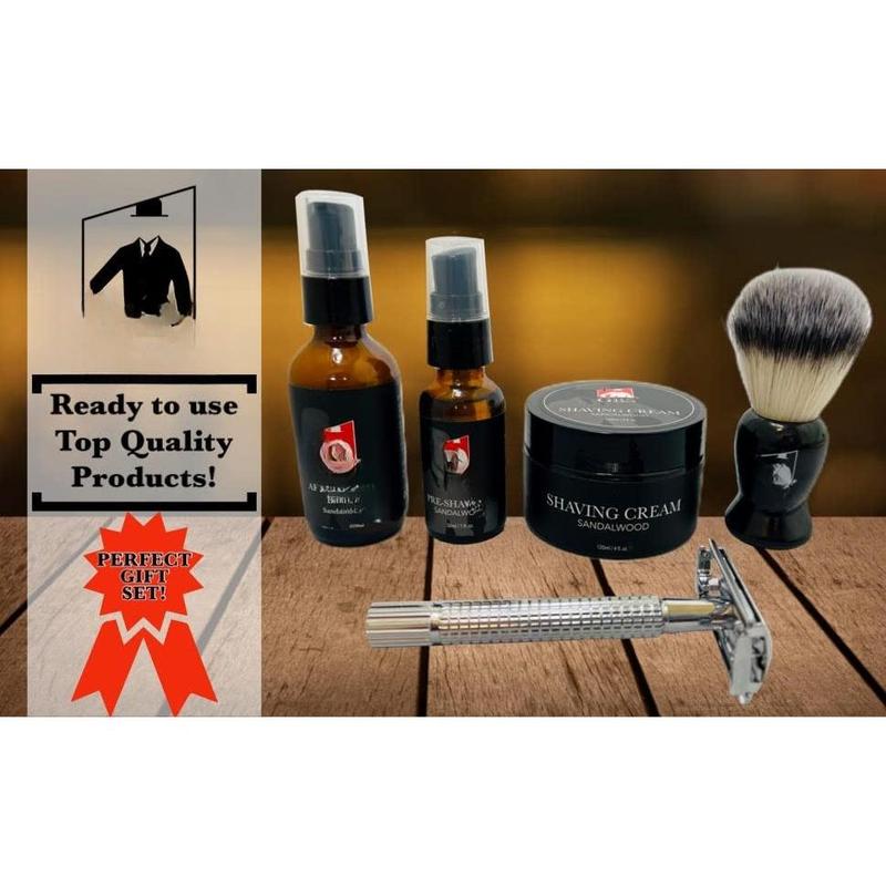 Shaving Kit for Men with Safety Razor, Sandalwood Shaving Cream, Men's aftershave, Pre-Shave Oil, Shaving Brush