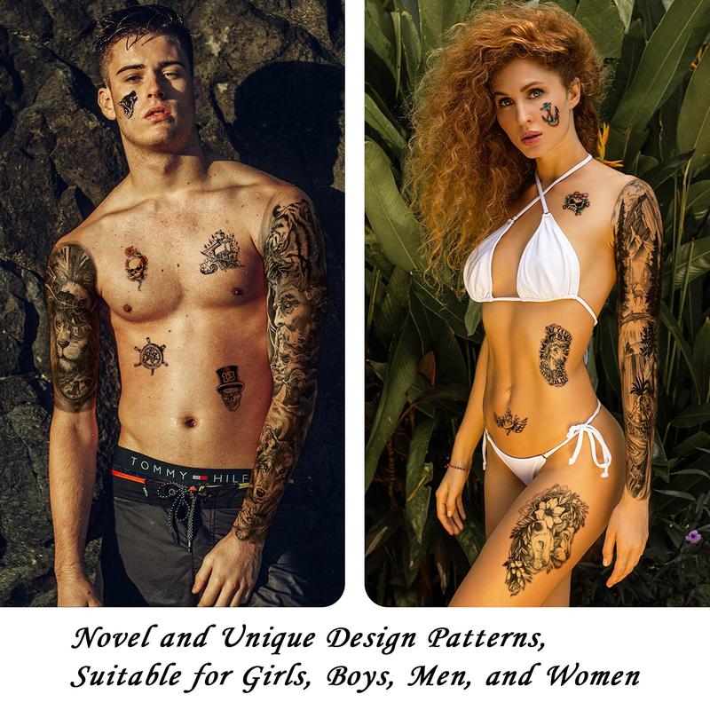 46 Sheets Full Arm Temporary Tattoo with Lion, Temporary Tattoo Sleeves for Men, Fake Tattoos Adult Realistic with Flower, Full Sleeve Tattoos for Women, Wolf Eagle  Deer