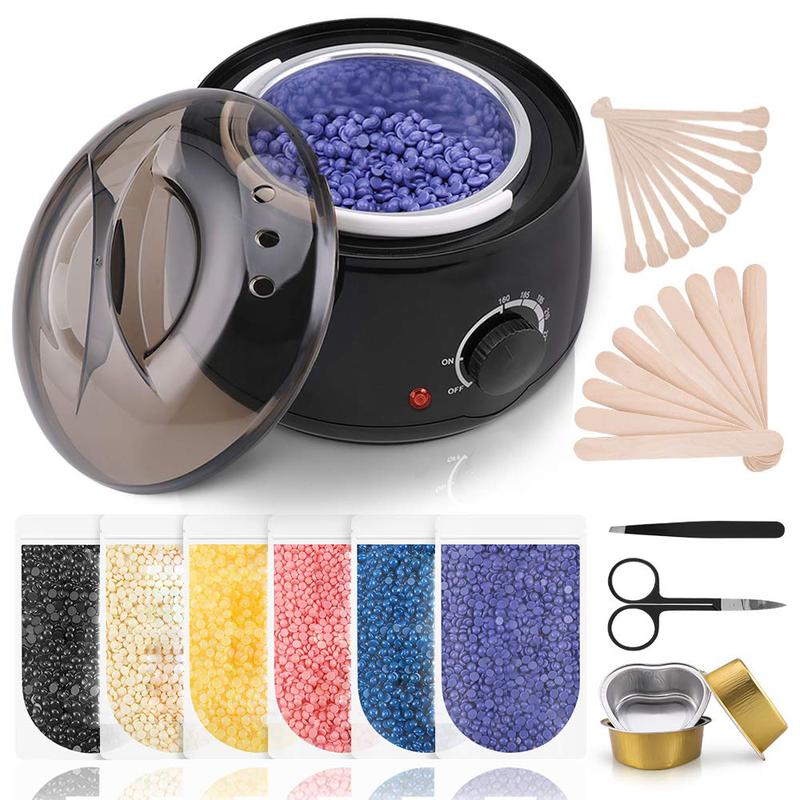 Gorgeous Brazilian Waxing Kit! It features a painless wax warmer along with 5 hard wax bean bags. This is a complete removal solution for both women and men, ideal for areas like legs, face, eyebrows, and bikini area.