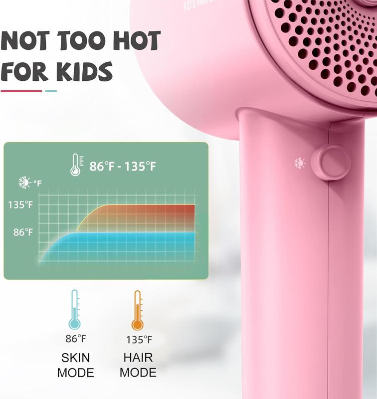 Hair Dryer, Portable Mini Blow Dryer with Diffuser, Quiet Small Hair Dryer for Children, Compact  Hairdryer with DIY Stickers Lightweight, Boy & Girl Birthday Gift, Pink