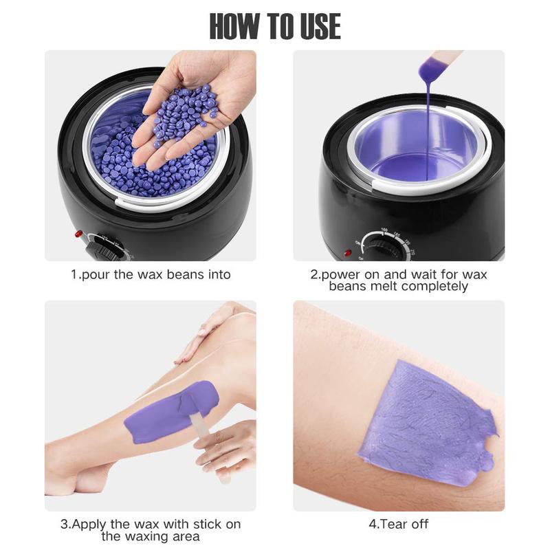 Gorgeous Brazilian Waxing Kit! It features a painless wax warmer along with 5 hard wax bean bags. This is a complete removal solution for both women and men, ideal for areas like legs, face, eyebrows, and bikini area.