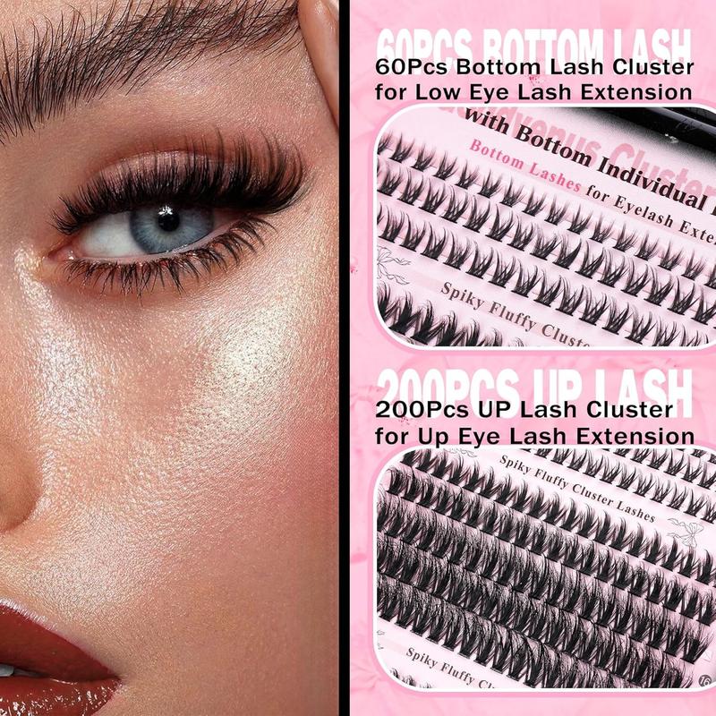 Lash Extension Kit Wispy Eyelash Clusters Kit Natural C Curl Fluffy Cluster Eyelash Extensions Individual Lashes Kit with Bottom Lash Clusters Waterproof Bond and Seal Tweezers DIY at Home