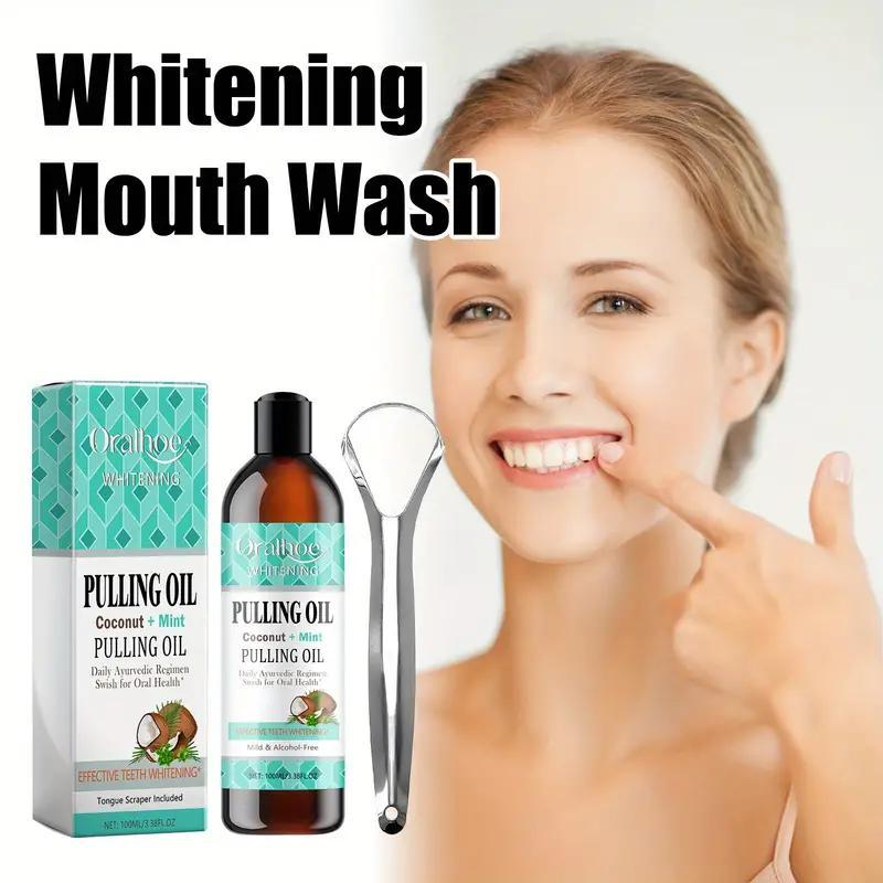 Coconut & Mint Pulling Oil Mouthwash, Fresh Breath & Oral Care, Teeth Whitening Liquid With Tongue Scraper