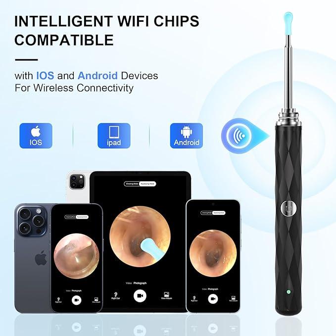 Wifi Connection Earwax Removal, Earwax Removal Tool Camera Built-In 1296p, Easy And Safe Ear Cleaning, Earwax Removal Kit, 9 Earmuffs And 8 Traditional Tools, Ear Cleaning Kit, Iphone, Ipad, Android