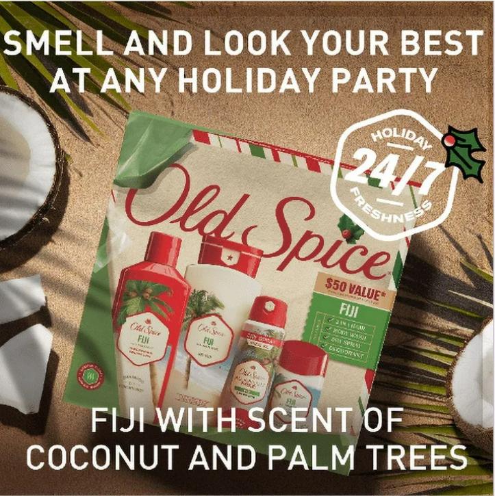 ($50 Value) Old Spice Holiday Gift Pack for Men, Fiji Scent, Body Wash, Antiperspirant and Deodorant, Aluminum Free Spray, 2 in 1 Shampoo