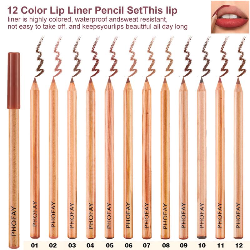 PHOFAY 12 Color Matte Lip Pencil Set,Long Lasting Lip Liner Set，Tinted Lip Liner Pencil, Easy Coloring Lip Sticks for All Occasions Lip Makeup, Girls and Women Makeup Accessories, Lips Makeup Products, Fall Gift Smooth Daily eyeliner lipliner