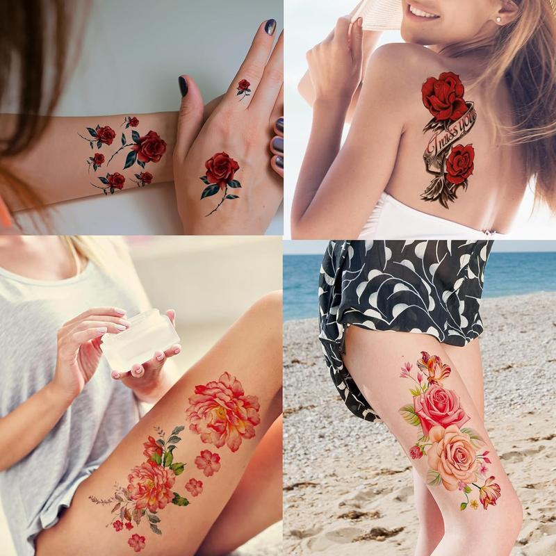 82 Sheets Flower Colorful Temporary Tattoo Stickers Rose, Butterfly and Multicolor Mixed Style Body Art Temporary Tattoos for Women, Girls and Kids