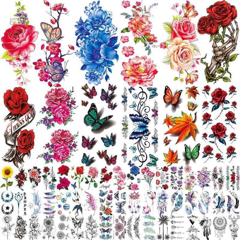 82 Sheets Flower Colorful Temporary Tattoo Stickers Rose, Butterfly and Multicolor Mixed Style Body Art Temporary Tattoos for Women, Girls and Kids