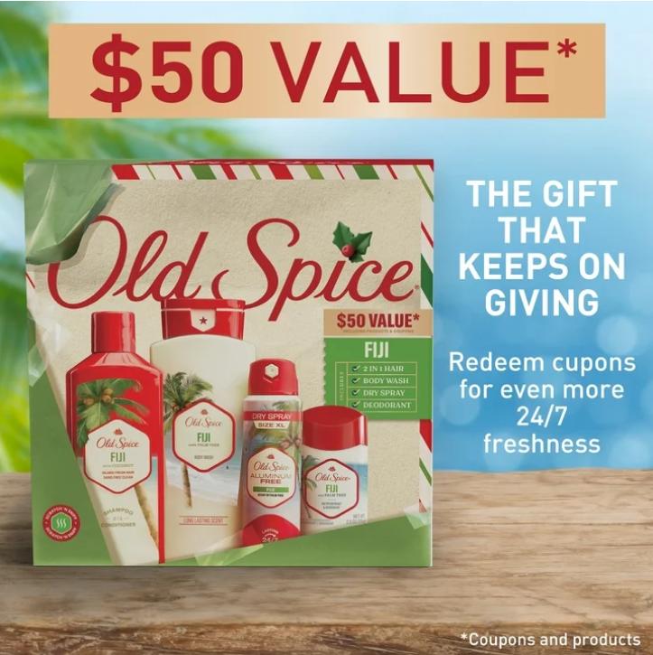 ($50 Value) Old Spice Holiday Gift Pack for Men, Fiji Scent, Body Wash, Antiperspirant and Deodorant, Aluminum Free Spray, 2 in 1 Shampoo