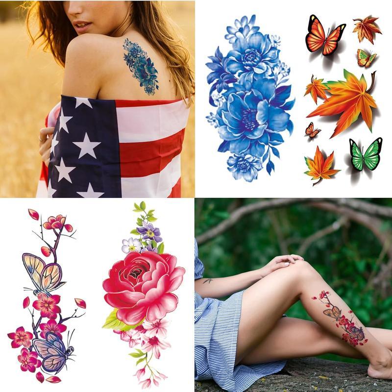 82 Sheets Flower Colorful Temporary Tattoo Stickers Rose, Butterfly and Multicolor Mixed Style Body Art Temporary Tattoos for Women, Girls and Kids