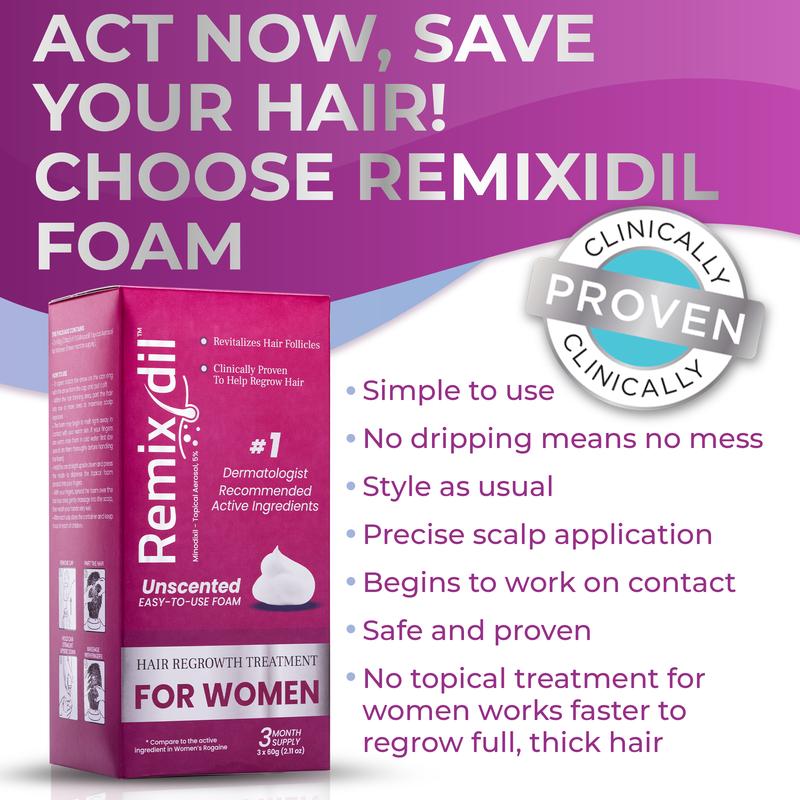 Remixidil Women’s 5% Minoxidil Foam | Hair Regrowth Treatment for Women | Clinically Proven Formula for Hair Loss and Hair Growth | No Scalp Irritation| 3-Month Supply