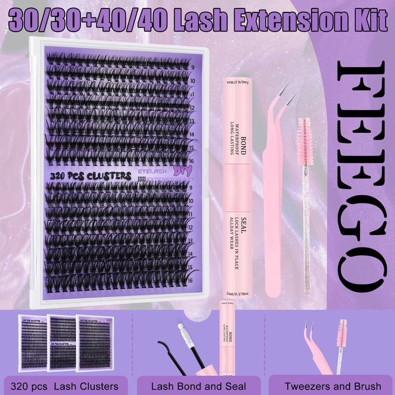 FEEGO Eyelash Extension Kit 30D 40D 9-16mm D Curl Eyelash Curler Kit 320Pcs Includes Eyelash Adhesive as well as Eyelash Tweezers Beauty Brush for Eyelash Extensions Wispy Hybrid Eyelash for Beginners.